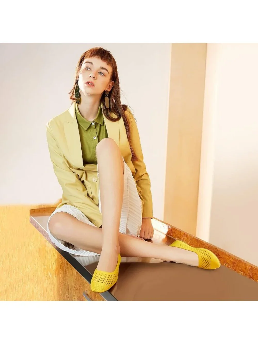 Women's Yellow Comfortable Knit Pointed Toe Slip On Business Casual Ballet Flats